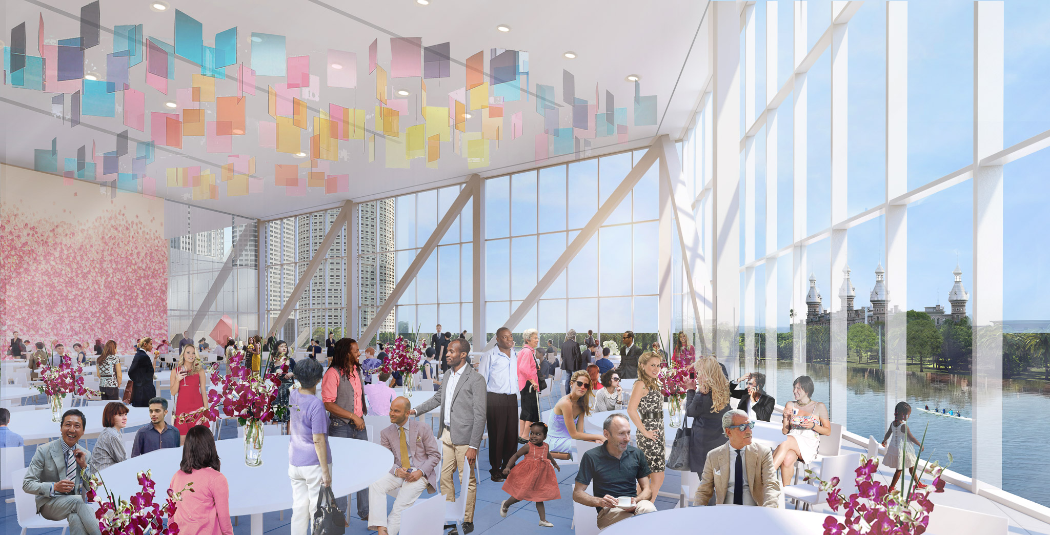 Rendering of the Tampa Museum of Art's new large event space set up for a seated dinner.