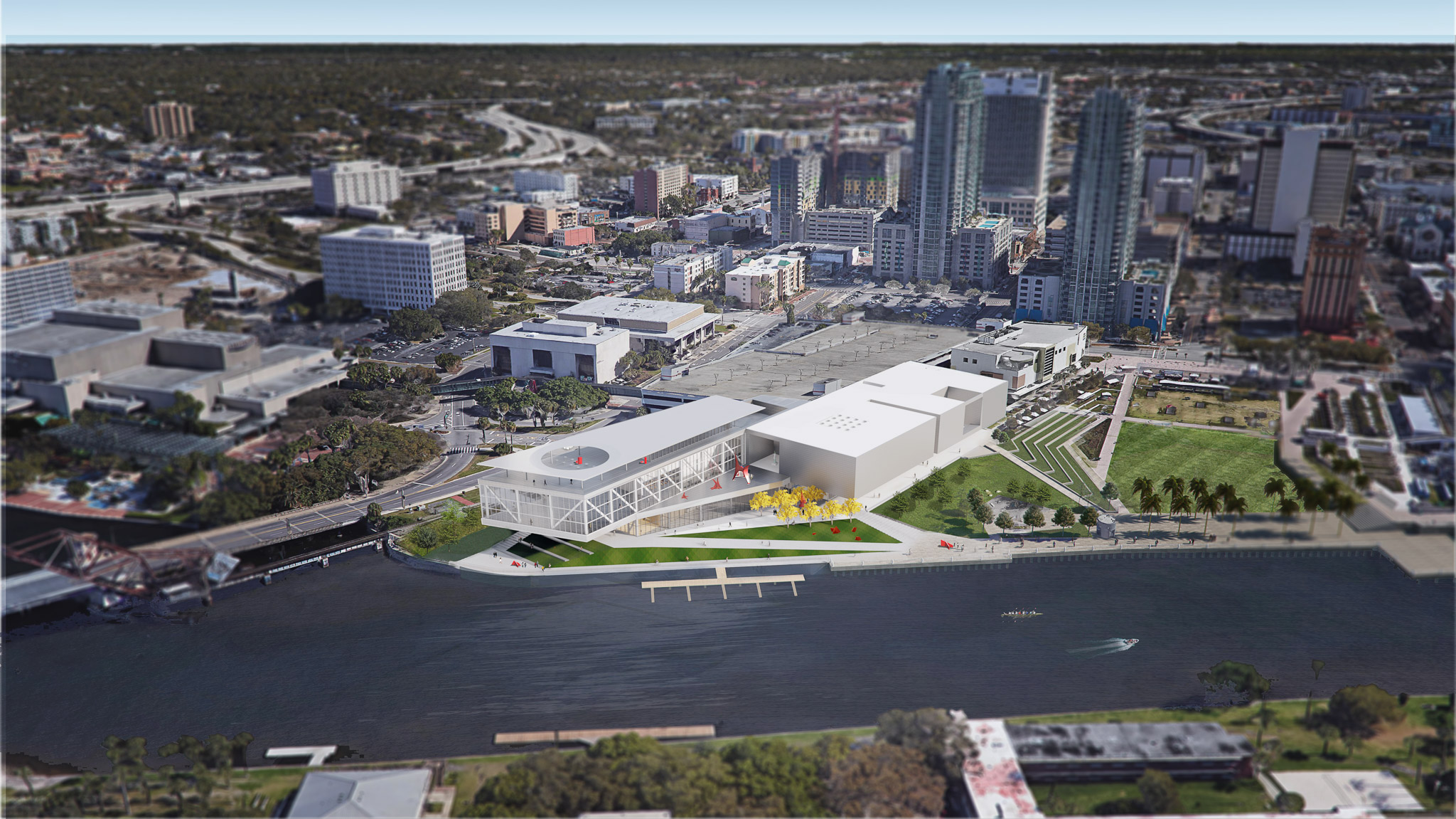 Aerial rendering of the Tampa Museum of Art's new boat dock along the Hillsborough River.