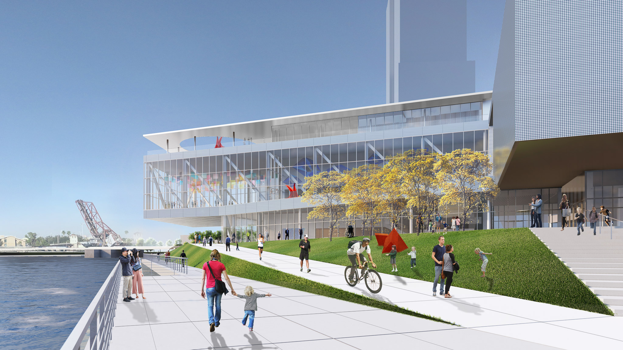 Rendering of the Tampa Museum of Art's new expansion along the redeveloped Riverwalk space.