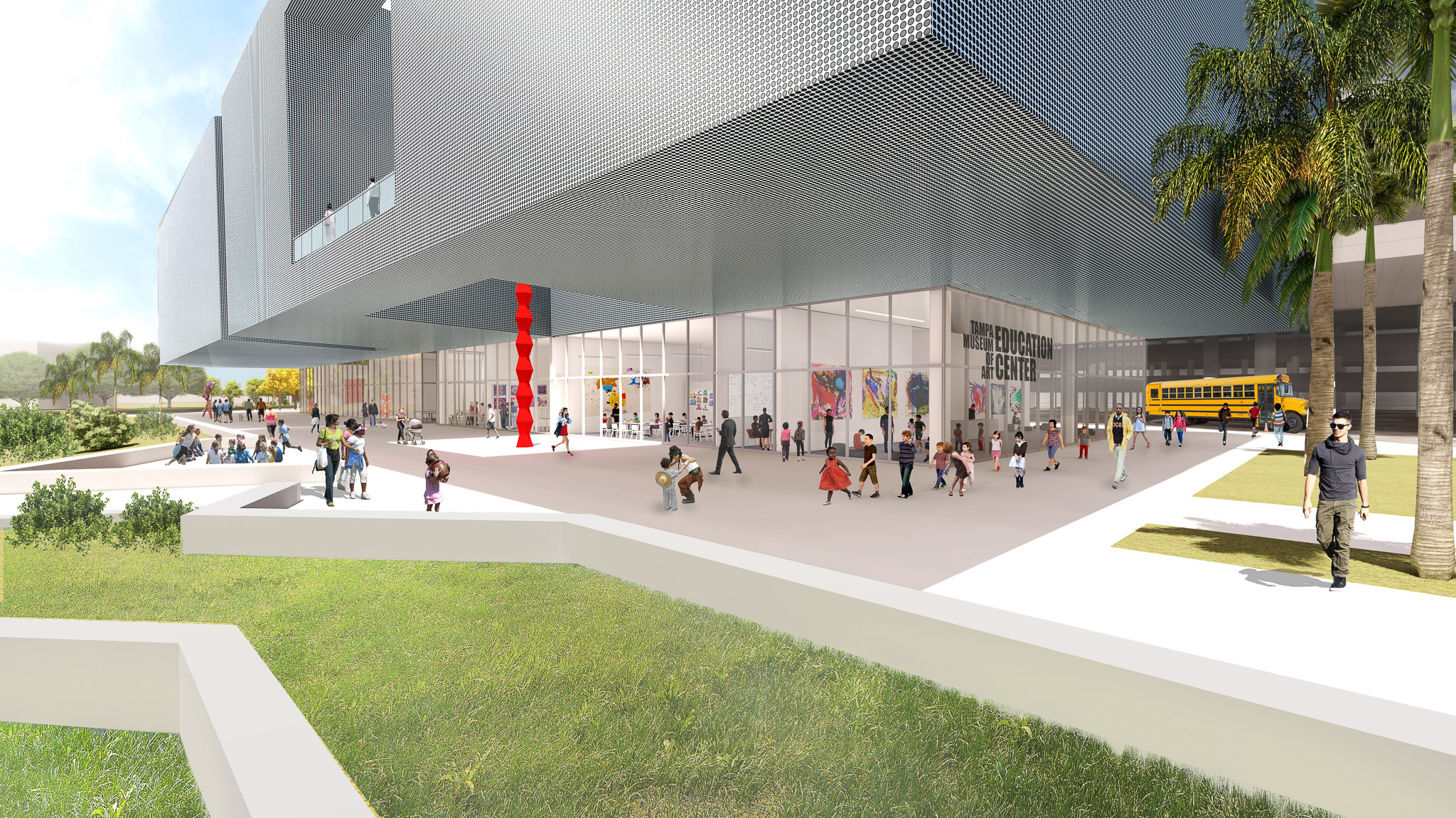 Rendering of the Tampa Museum of Art's new Education Center as seen from outside along Curtis Hixon Park.