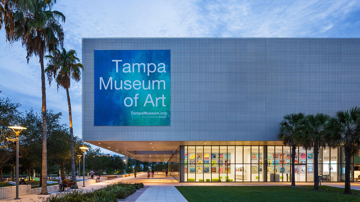 Completed Tampa Museum of Art, Vinik Family Education Center shown in the evening hours.
